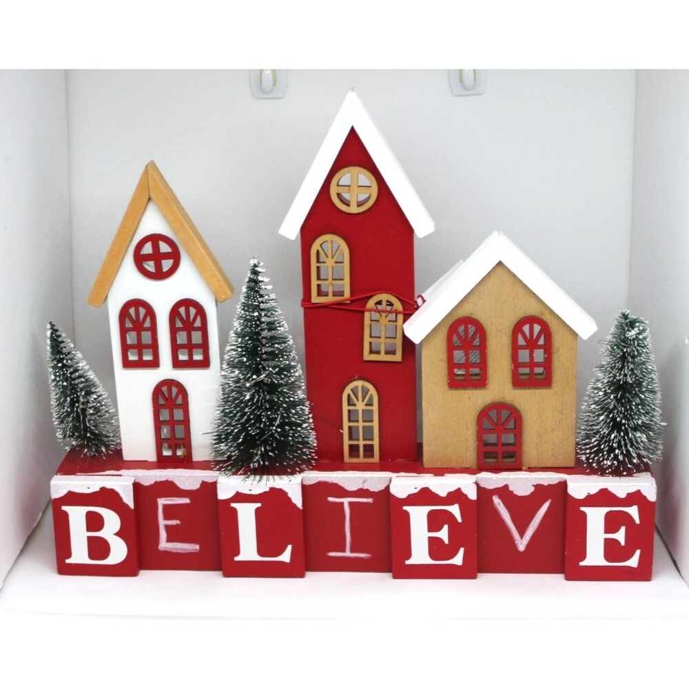 Winter Wonder Believe Christmas Wooden House & Trees Table Decor 13.5" Light Up.